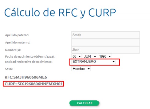 CALCULO DE CURP PARA EXTRAJEROS